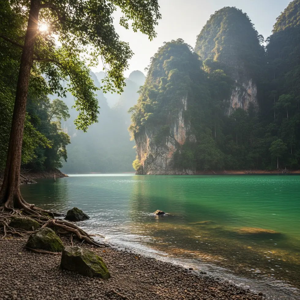 Ruhiges Ufer am Cheow Lan See mit klargrün schimmerndem Wasser, umgeben von dichtem Regenwald, Sonnenstrahlen brechen durch das Blätterdach