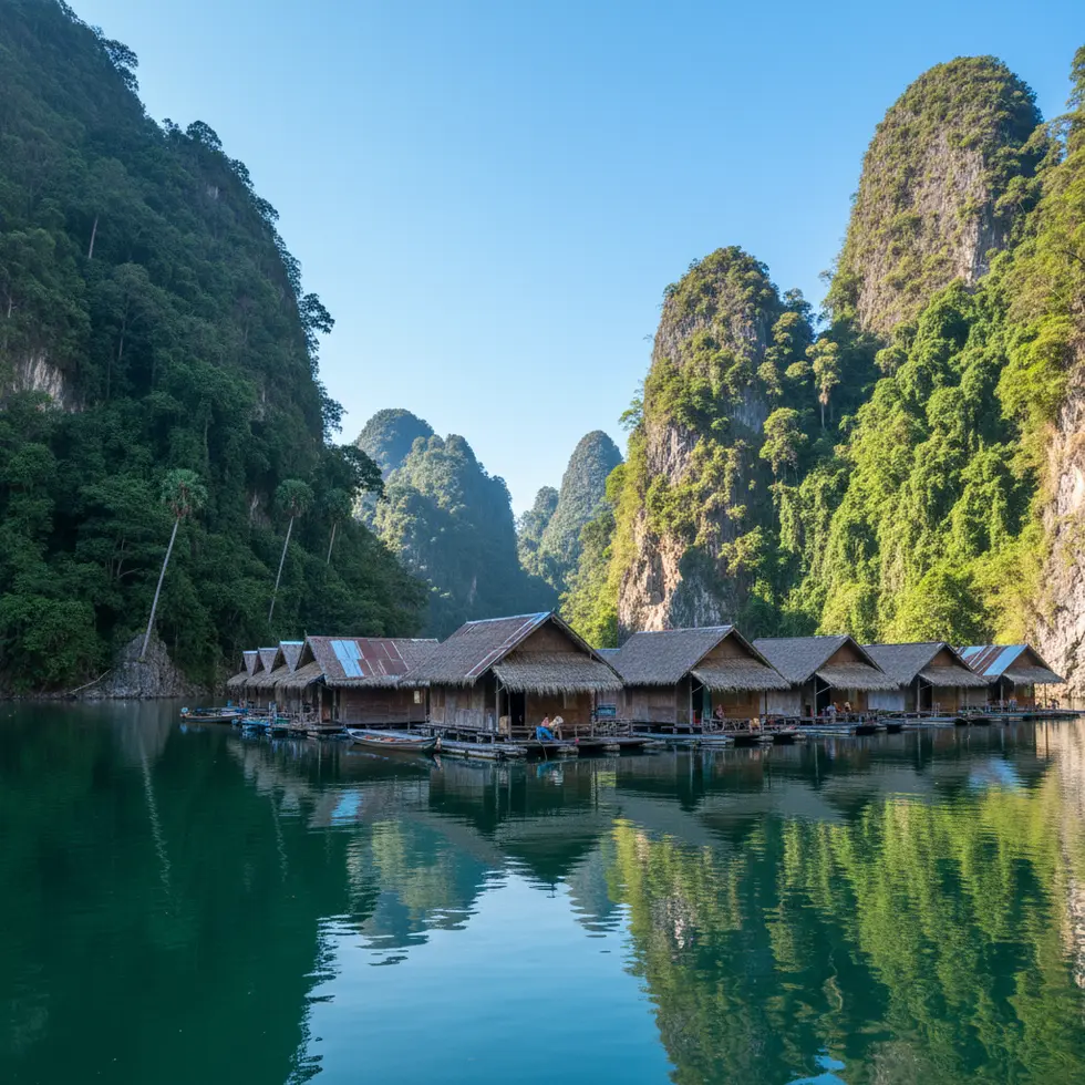 Schwimmende Bungalows auf stillem Wasser, umgeben von dichten Kalksteinfelsen und üppigem Regenwald unter wolkenlosem Himmel