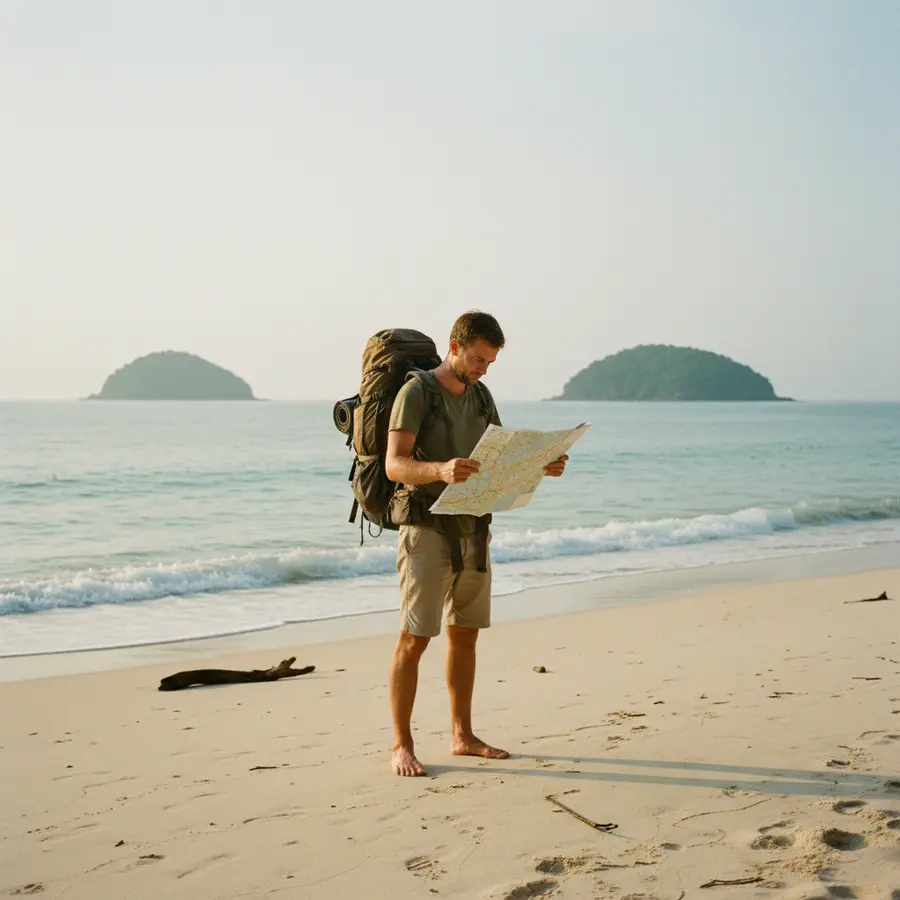 Backpacker am leeren Strand bei Sonnenaufgang in Thailand – schönste Orte entdecken