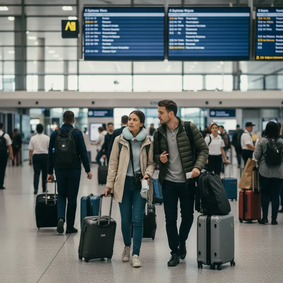 Flugzeit nach Thailand: Passagiere am Terminal mit Koffern und Anzeigetafel