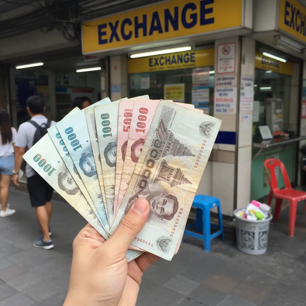 Detaillierte Aufnahme von bunten thailändischen Banknoten in einer Hand, im Hintergrund ein typischer Straßenszene-Kiosk in Bangkok bei Tageslicht