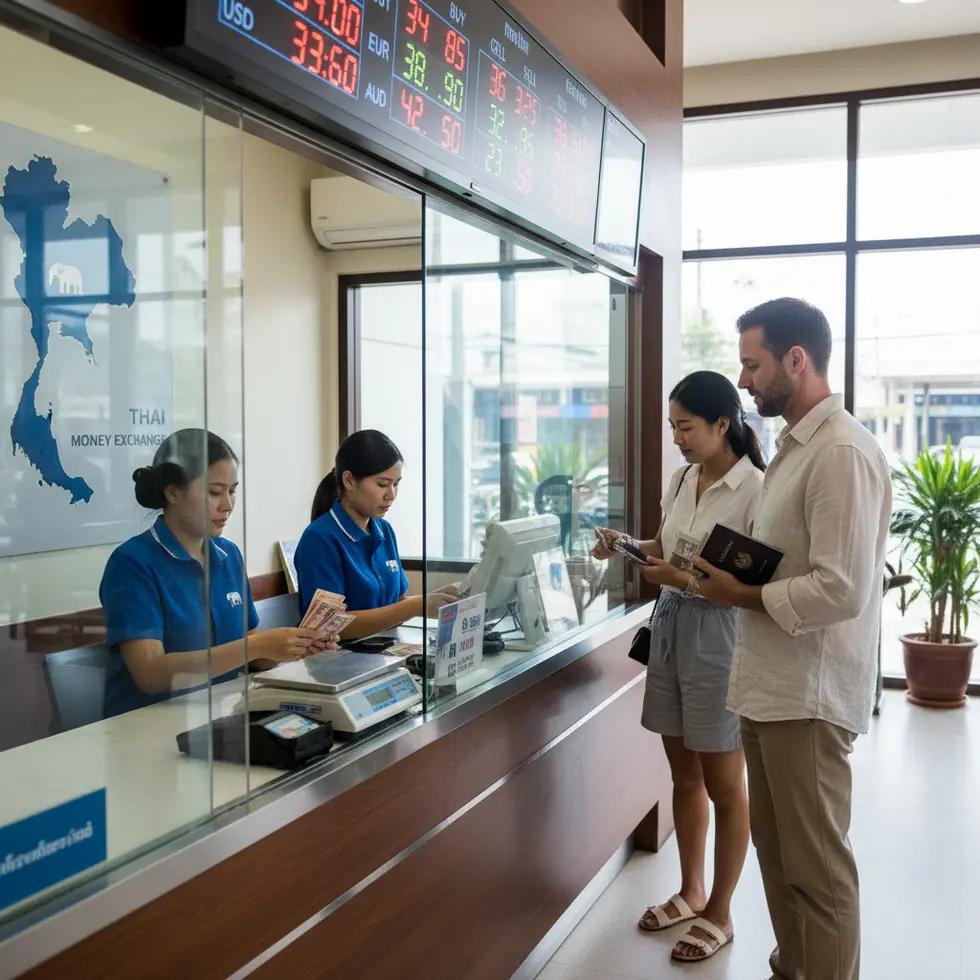 Nahaufnahme einer modernen thailändischen Wechselstube mit klar sichtbaren Kursanzeigen und Kunden, die Bargeld tauschen