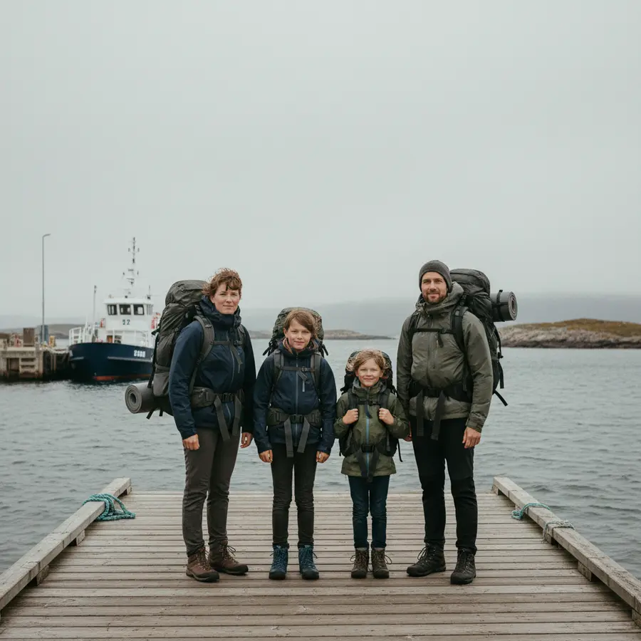 Inselhopping-Guide: Familie am kleinen Inselfährhafen bei windigem Himmel