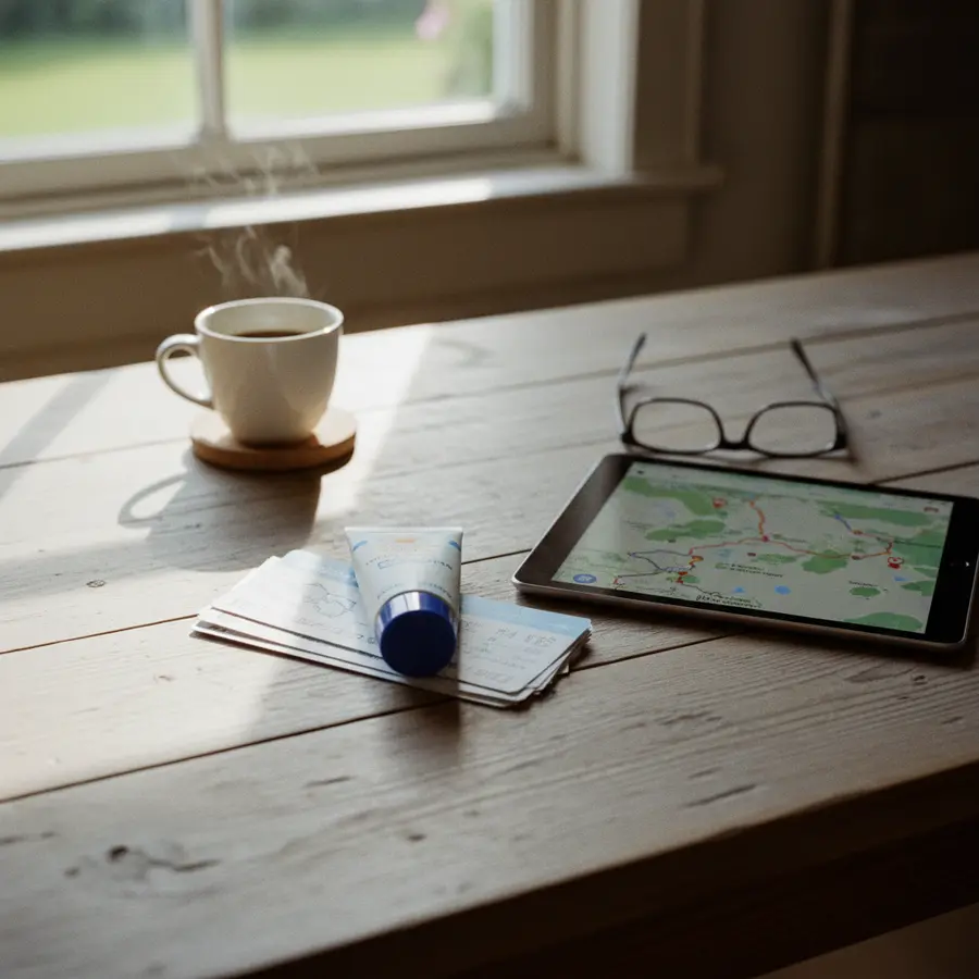 Inselhopping-Guide: Sonnencreme, Tickets und Tablet für Reiseplanung am Morgen