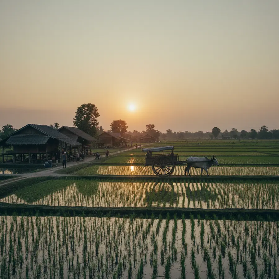 Isan in Thailand: Dorf mit Reisfeldern und Ochsenkarren bei Sonnenuntergang