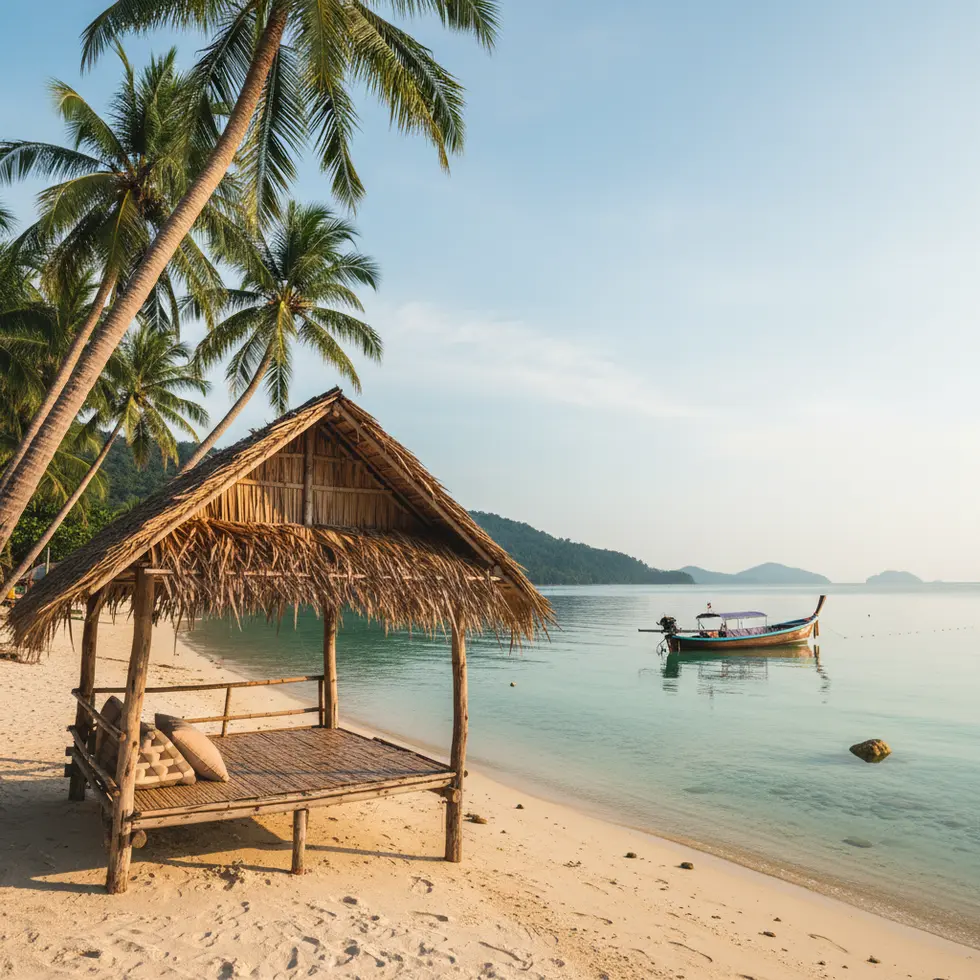 Strandunterstand mit Palmen im Sonnenlicht, glasklares Meer und ein ruhiges Boot im Hintergrund, morgens entspannte Atmosphäre