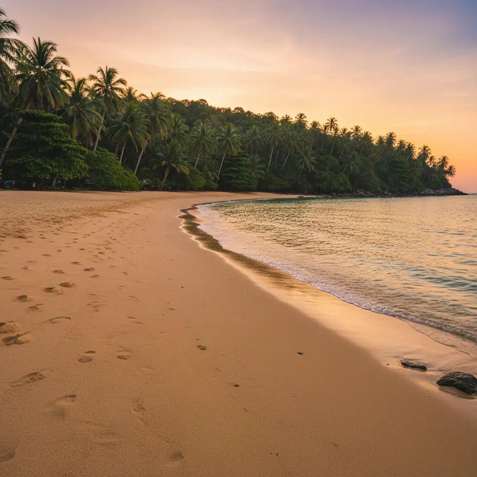 Sonnenuntergang am ruhigen Strand von Khao Lak, dichter Palmenwald im Hintergrund, warme Farben, Sand und Wasser klar sichtbar