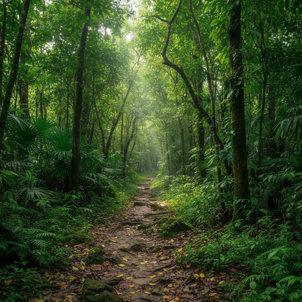 Waldpfad im Lamru Nationalpark, dichte Vegetation, Tageslicht bricht durch das Blätterdach, ein schmaler Wanderweg