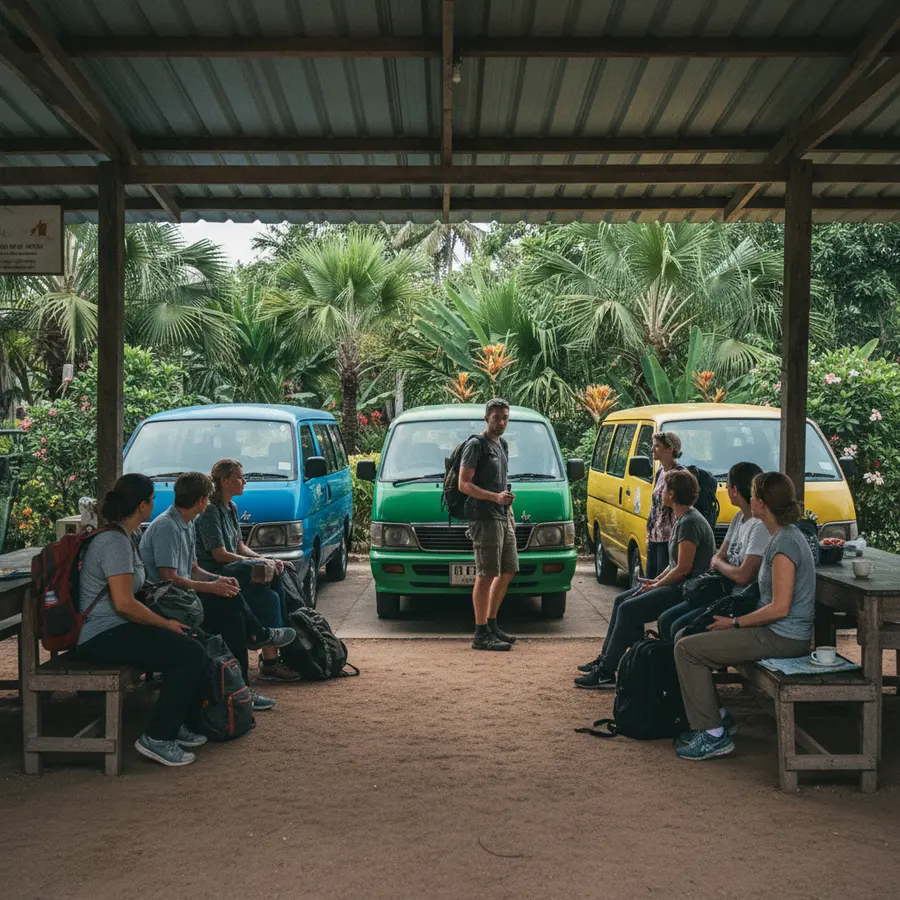 Khao Lak Sehenswürdigkeiten: Touristen warten am Busbahnhof mit bunten Minivans