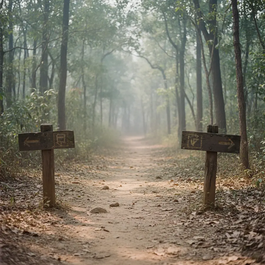 Khao Yai Nationalpark: Staubiger Waldpfad mit Wegweisern im tropischen Regenwald