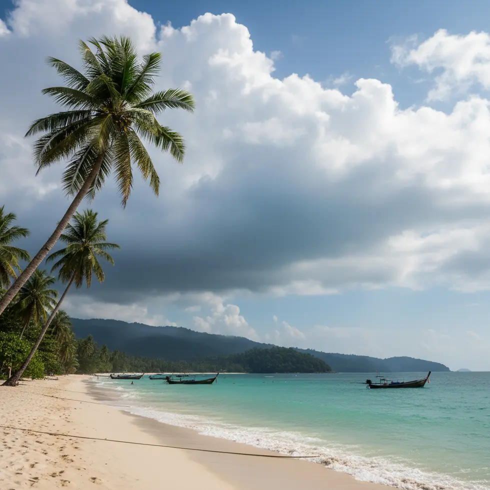 Tropischer Küstenblick auf Koh Chang mit wechselhaftem Himmel und Palmen, die im Wind schwanken
