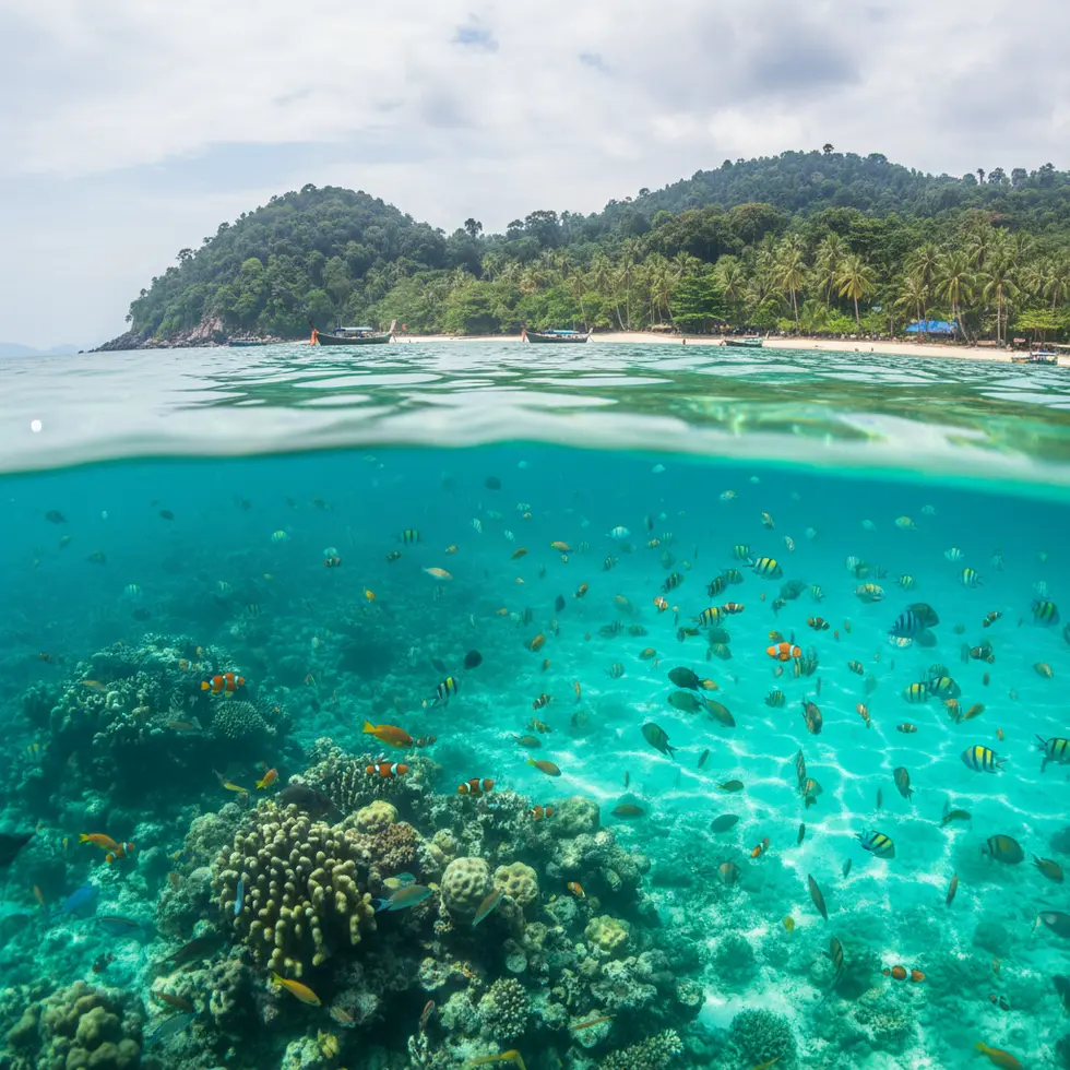 Tropisches, klares Meer mit bunten Fischen und Sicht auf die Küste von Koh Chang bei leicht bewölktem Himmel