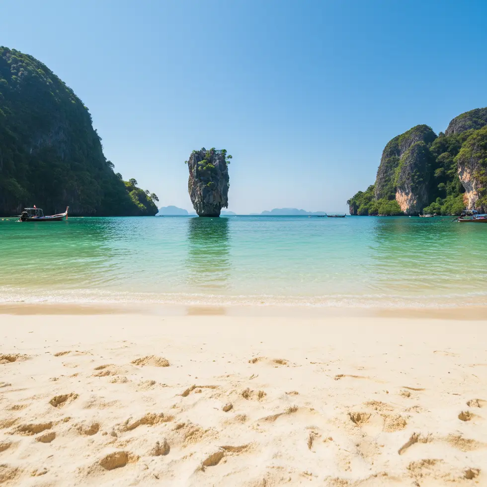 Klare, helle Strandaufnahme von Koh Poda mit ruhigem, türkisfarbenem Wasser und feinem Sand, leichter Wellengang, strahlender Sonnenschein