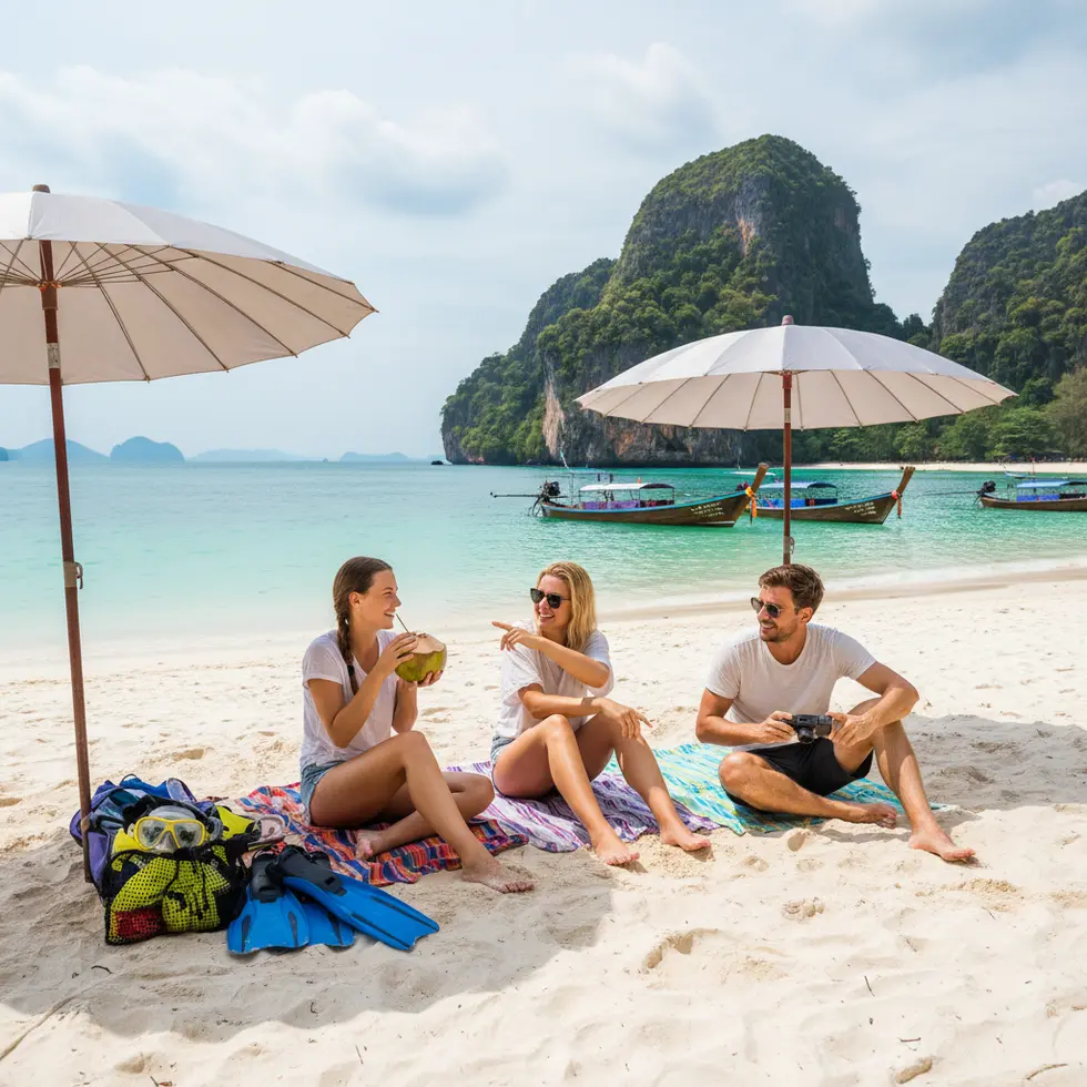Weitwinkelaufnahme einer kleinen Gruppe, die entspannt am Strand von Koh Poda sitzt, mit Schnorchelausrüstung und Sonnenschirmen im Hintergrund