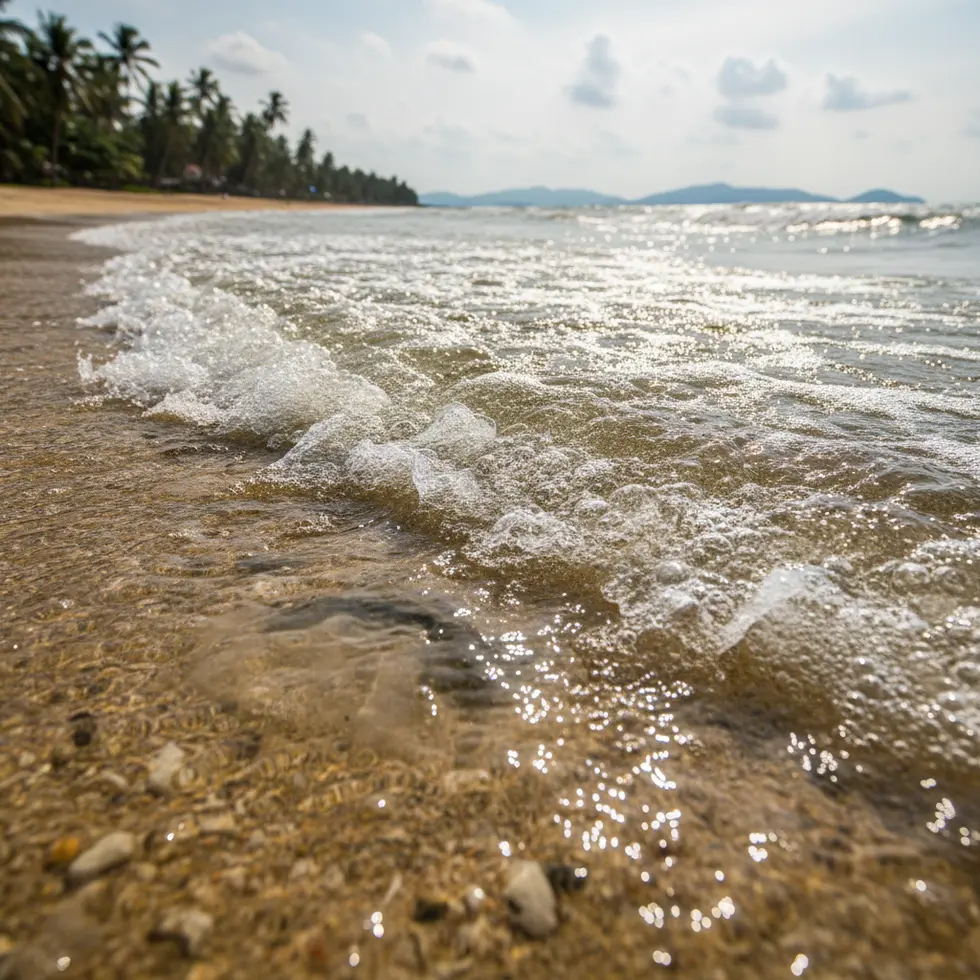 Nahaufnahme von Wellen am tropischen Strand, leicht aufgewühltes Wasser mit Sonnenlicht, subtile Hinweise auf Meeresbiologie im Hintergrund