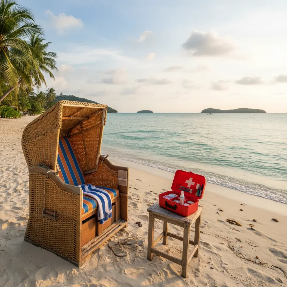 Strandkorb mit Erste-Hilfe-Set am tropischen Strand, klare Farben, entspannte Urlaubsstimmung
