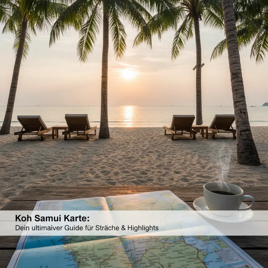 Koh Samui Karte: Sonnenaufgang über ruhigem Strand mit Palmen und Liegen
