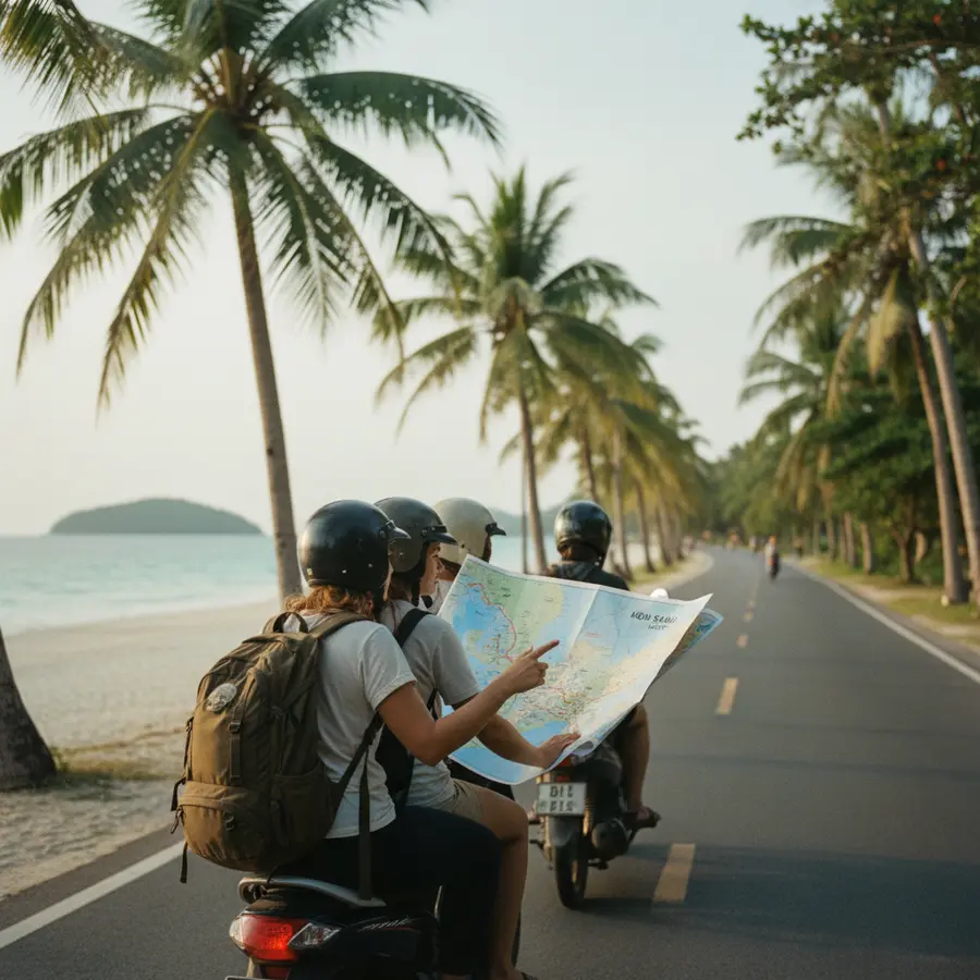 Koh Samui Karte: Reisende auf Rollern an tropischer Strandstraße