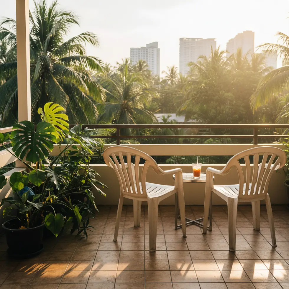Balkon mit Plastikstühlen, tropischer Pflanzen, Sonnenlicht