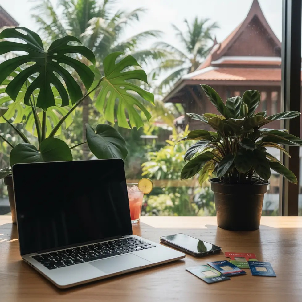 Moderner Arbeitsplatz mit Laptop, Smartphone, SIM-Karten, tropische Pflanzen