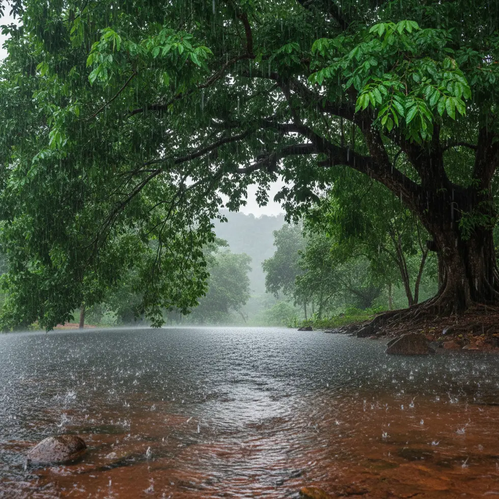 Knietiefes Wasser unter einem dichten Baum in einer tropischen Landschaft bei Regen in Nordthailand, natürlicher Lichtfall, frische grüne Blätter und fallende Regentropfen