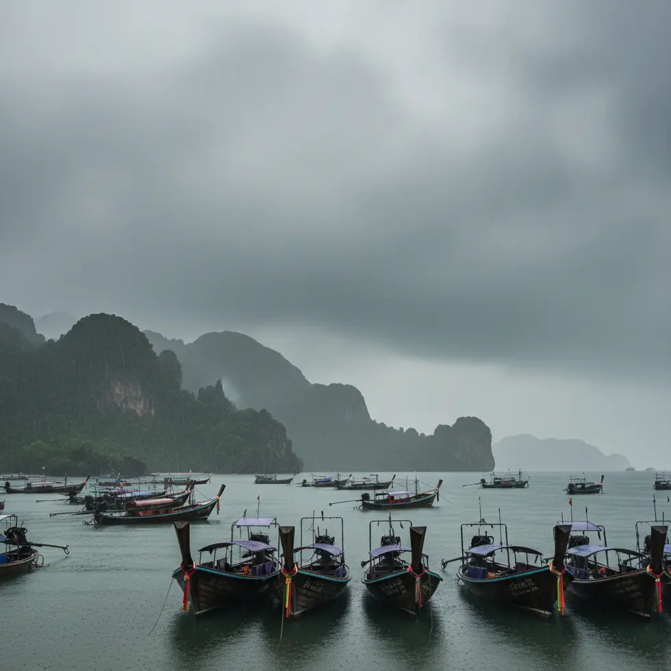 Tropisches Wetter bei Regen in Südthailand, Boote im Hafen, dichte Wolken über einer Küstenlandschaft, ruhige Stimmung trotz Unwetter