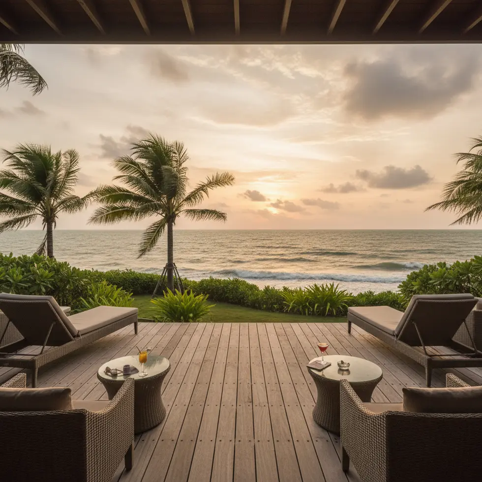 Holzterrasse mit Blick auf tropische Gartenanlage und Sonnenuntergang über dem Meer, windige Abendstimmung