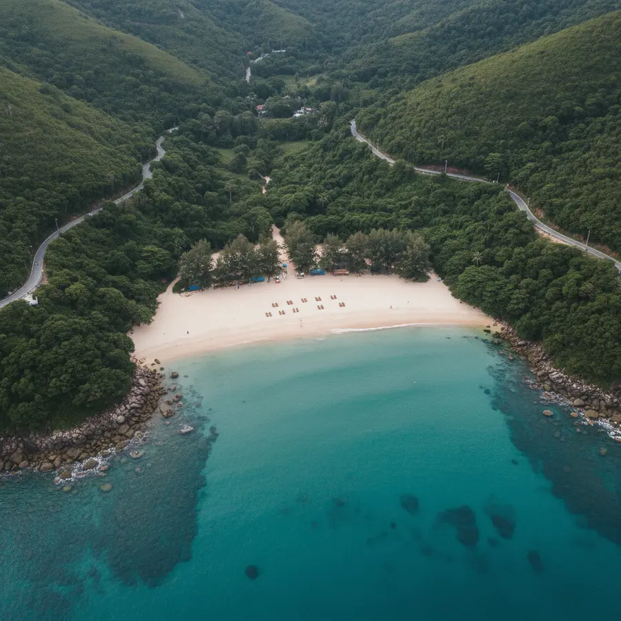Phuket Karte: Luftaufnahme von Nai Harn Strand mit Sonnenliegen und grünem Umland
