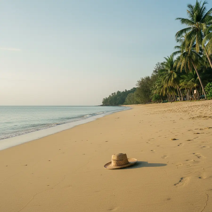 Phuket Karte: Leerer Strand mit Hut und Palmen in Morgensonne