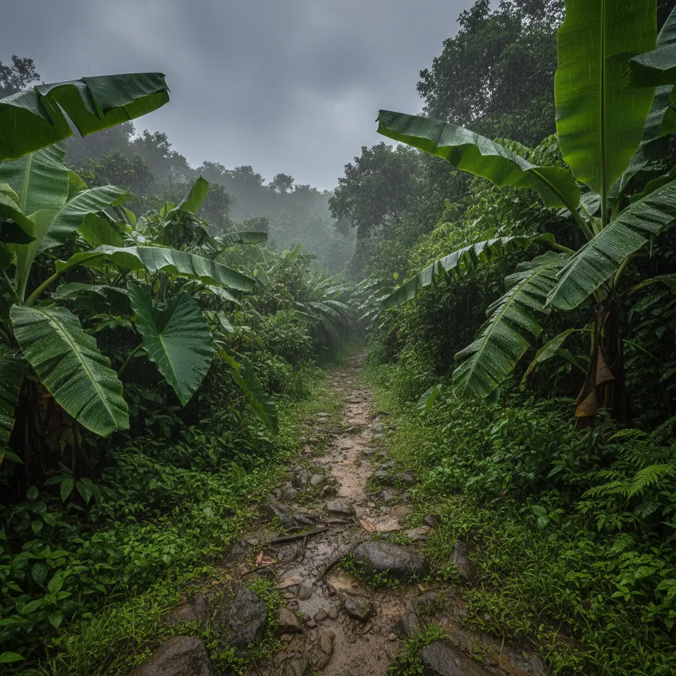 Feuchter Dschungelpfad mit tropischen Pflanzen unter dunklen Wolken, erste Regentropfen auf Blättern