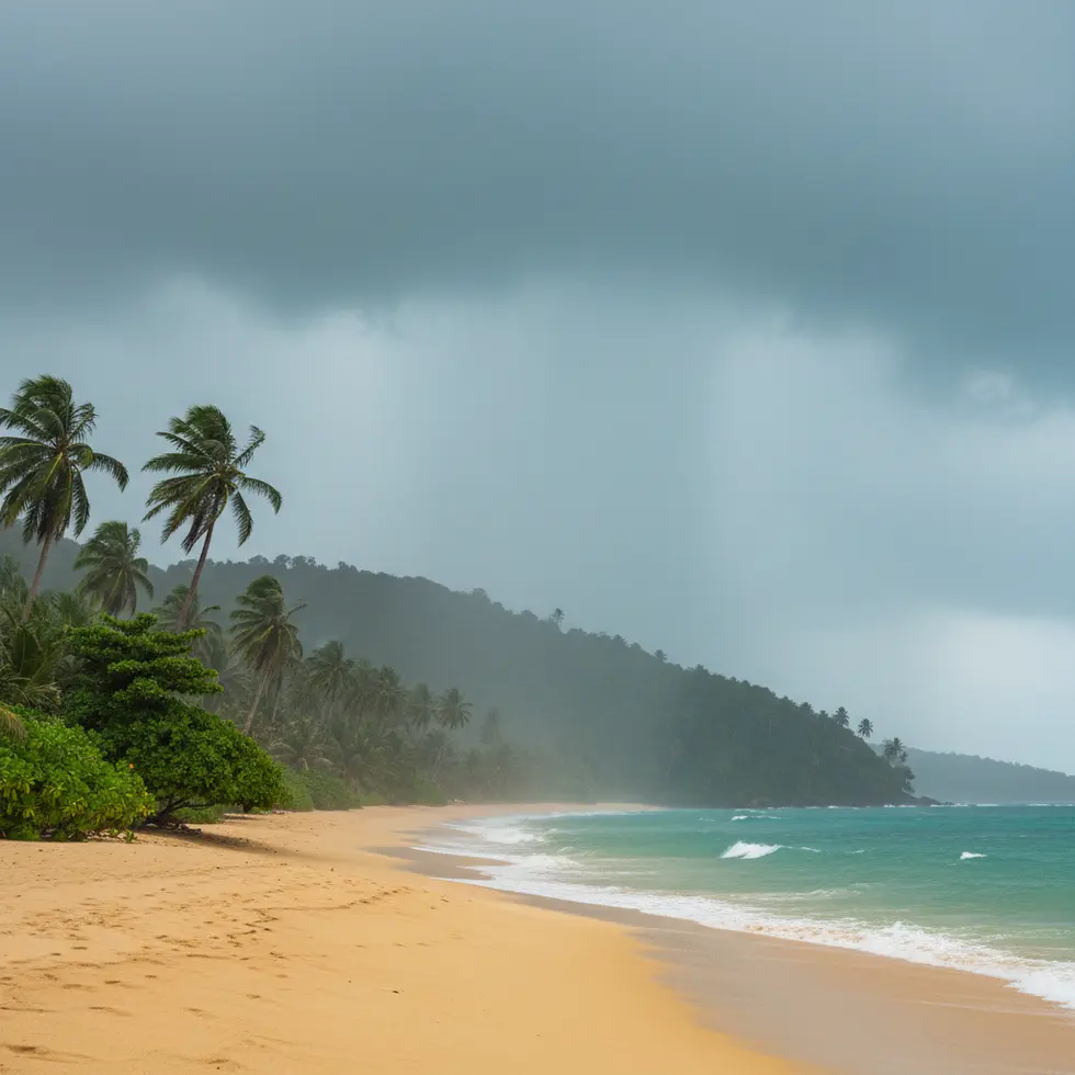 Leerer, grüner Strand mit Wolkenbruch im Hintergrund, einzelne Palmen bewegen sich im Wind