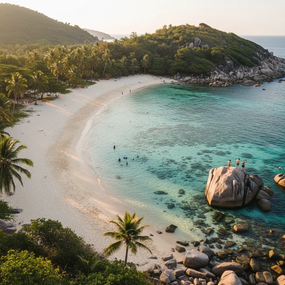 Klar-türkisfarbenes Wasser einer einsamen Bucht, feiner Sandstrand mit spärlicher Vegetation und felsigen Abschnitten im warmen Sonnenlicht