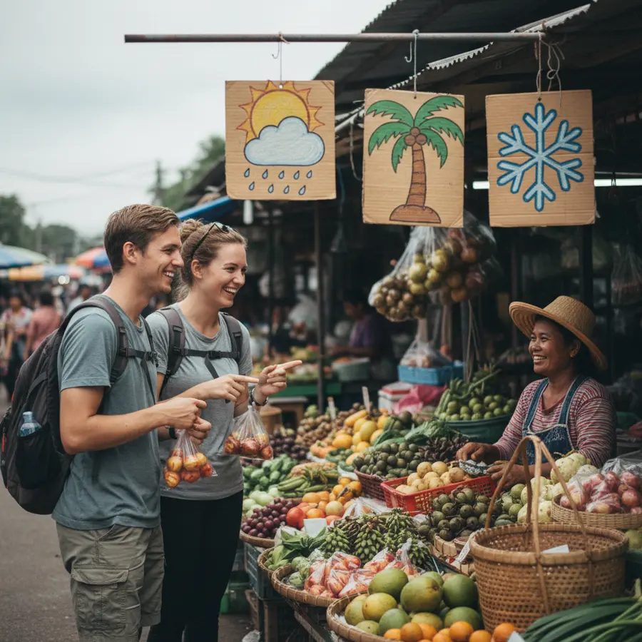 Thailand im November: Bunter Markt mit Touristen und Wettersymbolen