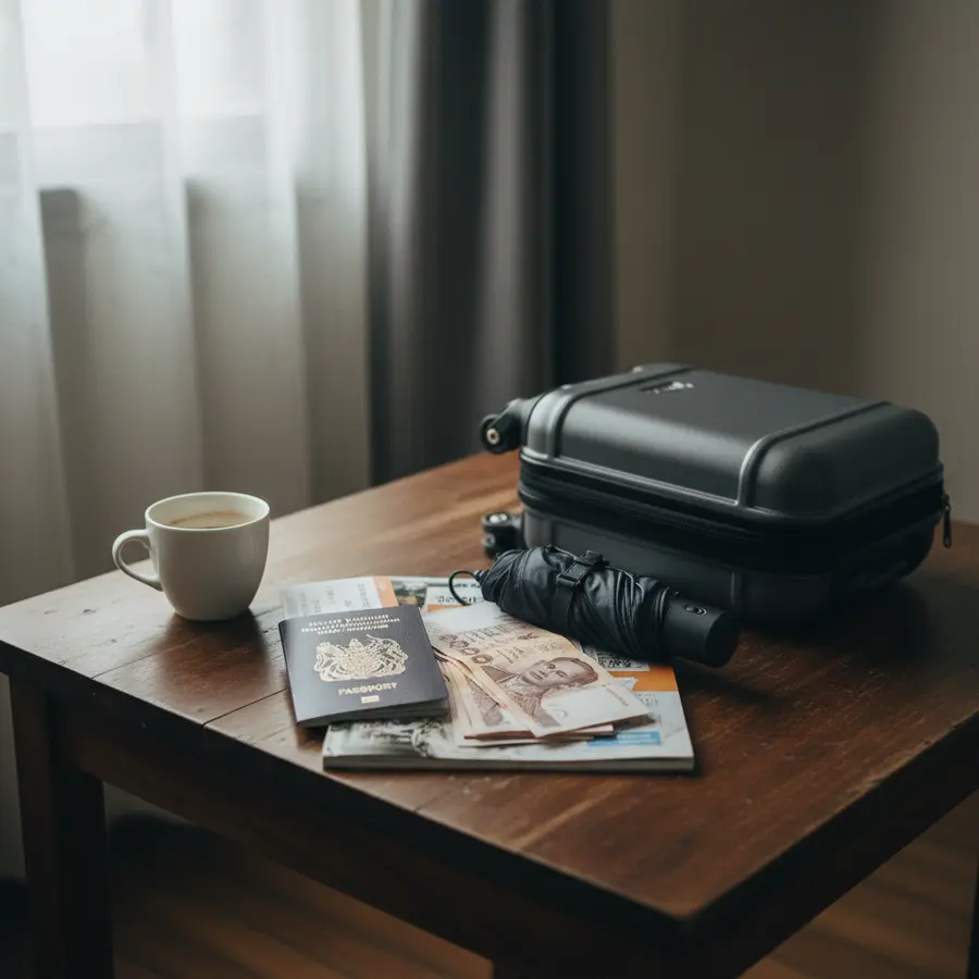 Thailand im November: Reisepass, Geld, Regenschirm und Tasche auf Holztisch