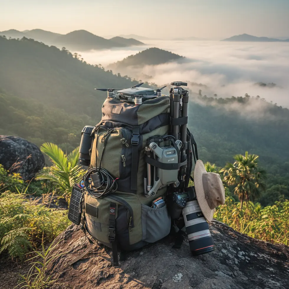 Rucksack mit technischer Ausrüstung auf einer Berglandschaft in Nordthailand, Nebel und Vegetation im Hintergrund
