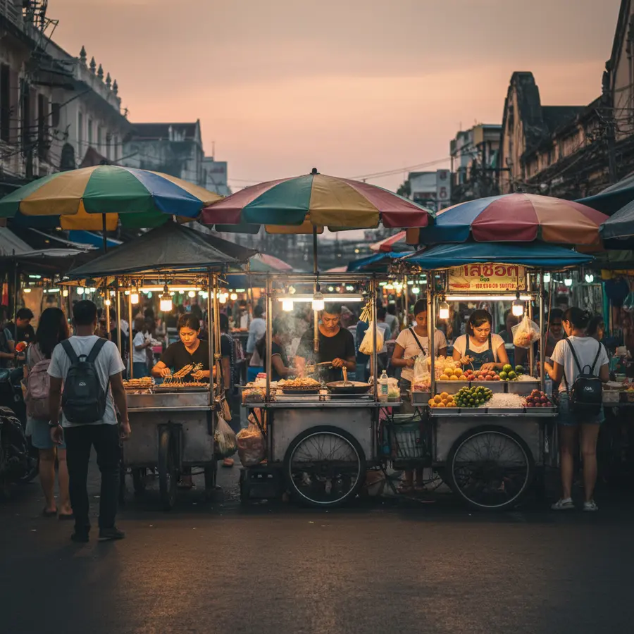 Thailand Reise planen: Bunte Garküchen in Bangkok bei Abendbeliebtheit