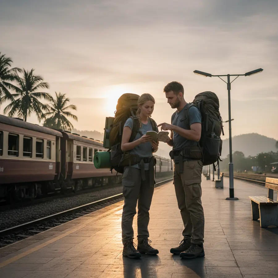 Thailand Reise planen: Reisende mit Rucksack am Bahnhof bei Sonnenaufgang