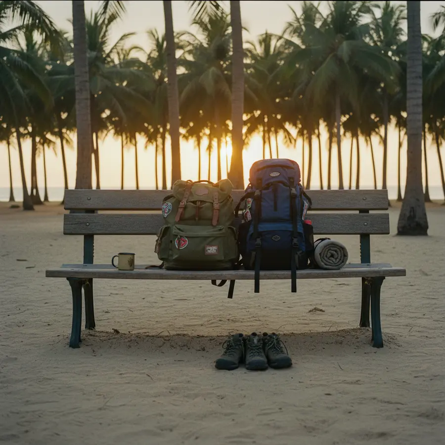 Thailand Reiseziele entspannt bei Sonnenaufgang mit Rucksäcken und Palmen