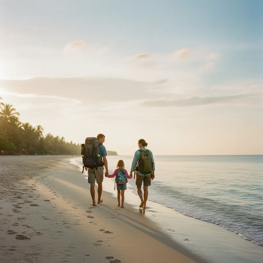 Thailand Reiseziele: Familie am ruhigen thailändischen Strand im Morgenlicht