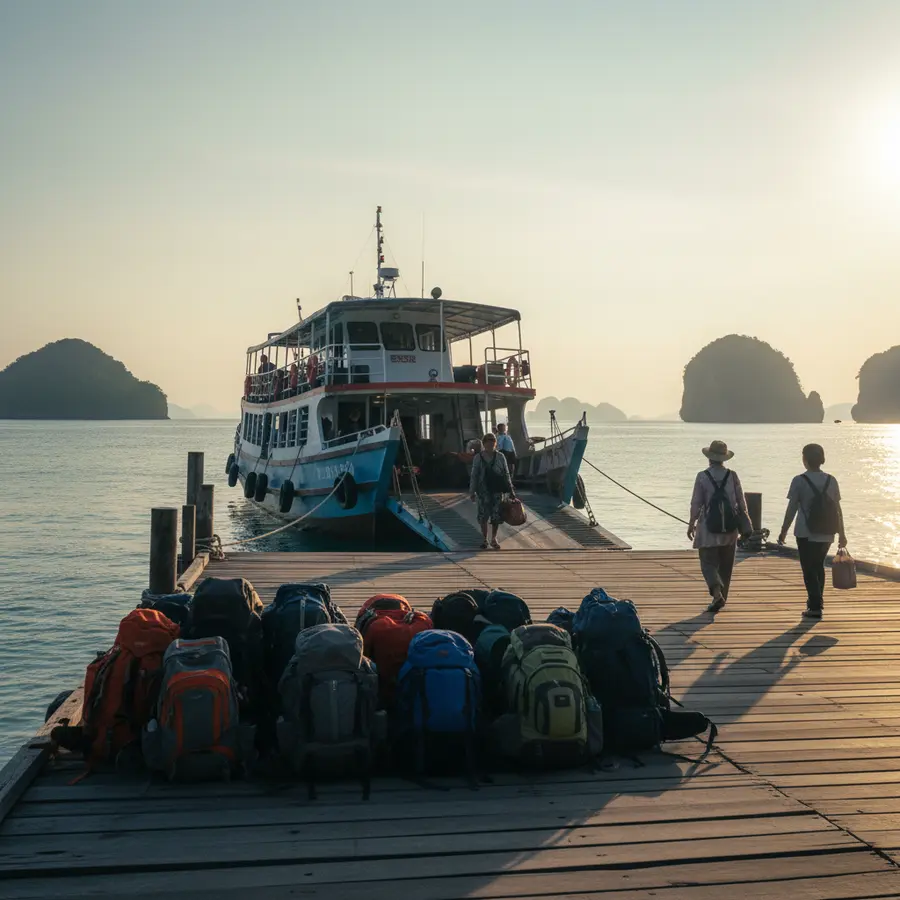 Thailand schönste Inseln: Kleiner Hafen mit Fähre und Reisenden bei Sonnenaufgang