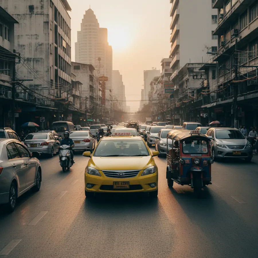 Thailand Urlaub: Thailändische Taxis und Tuk Tuks im Stadtverkehr bei Sonnenaufgang