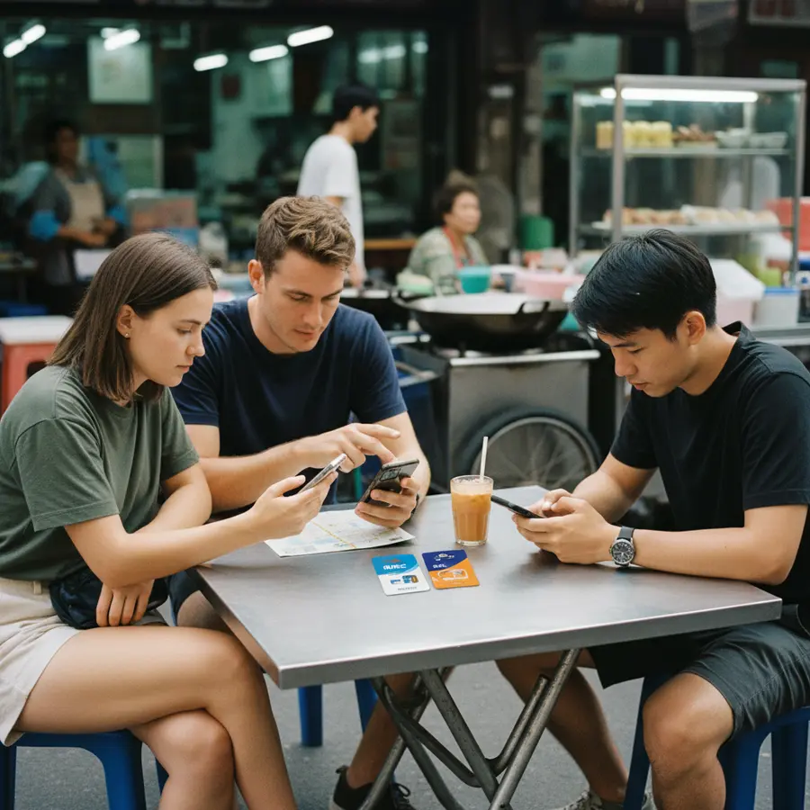 Thailand Urlaub: Reisende mit Smartphones bei Straßenimbiss und SIM-Karten