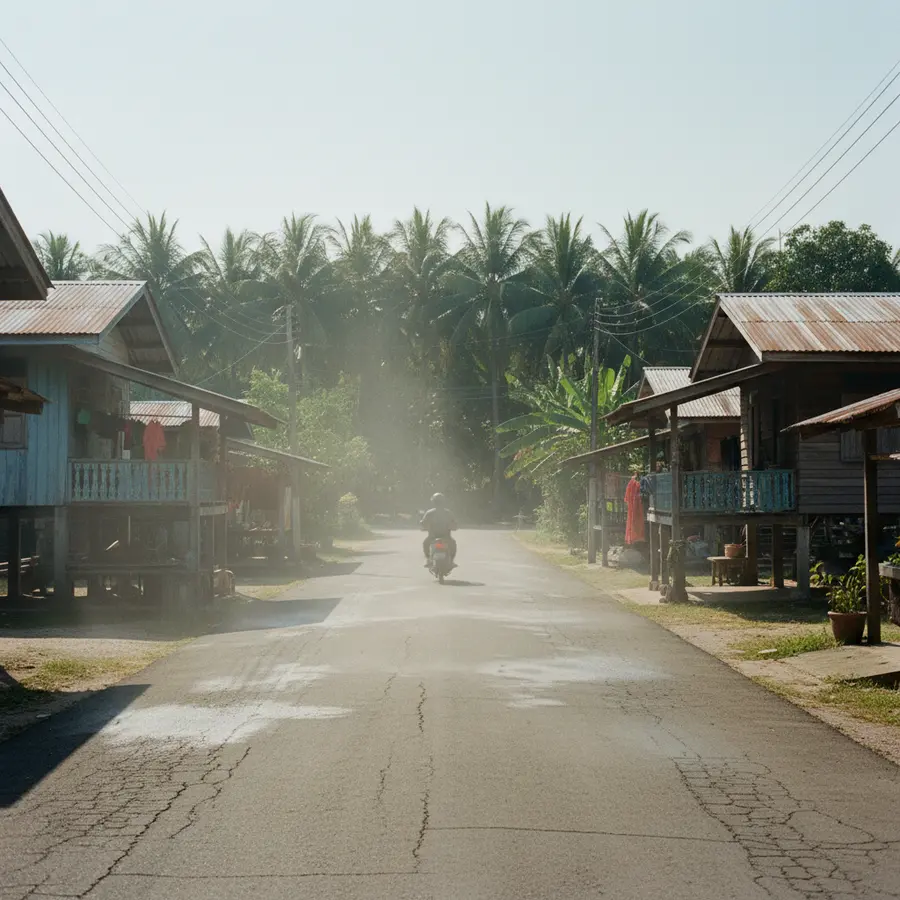 Thailand Wetter im März: Dorfstraße mit dampfendem Asphalt, Palmen und Hütten