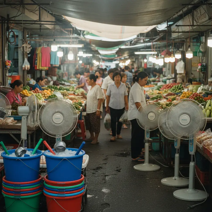 Thailand Wetter im März: Bunter Markt mit Wassereimern und Ventilatoren