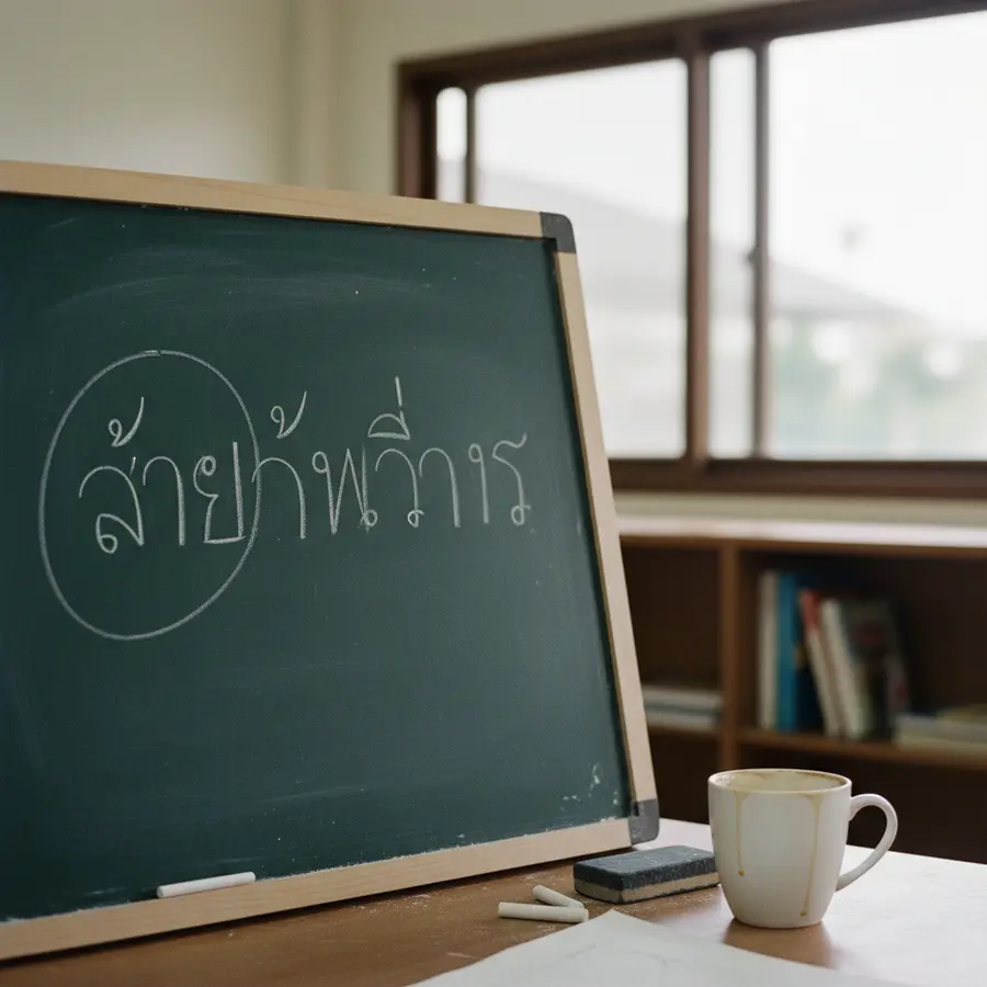 Thailändische Schrift: Buchstaben auf Tafel und Kaffeetasse daneben