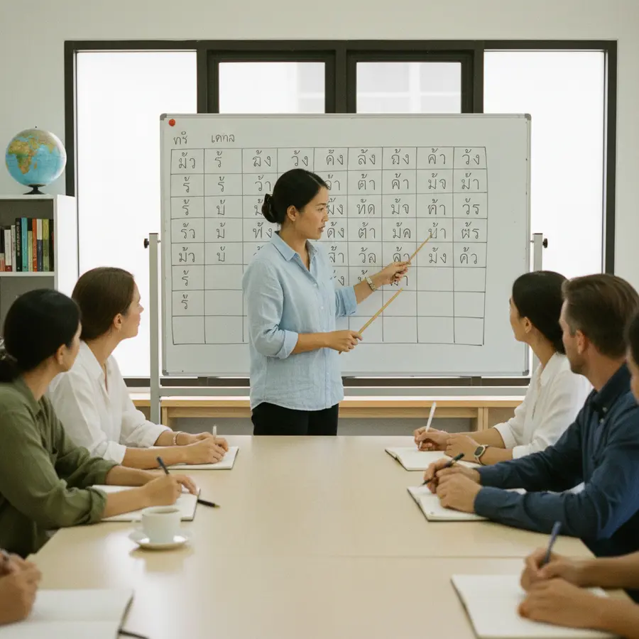 Thailändische Schrift: Lehrerin erklärt Konsonanten und Tonzeichen vor Lernender Gruppe