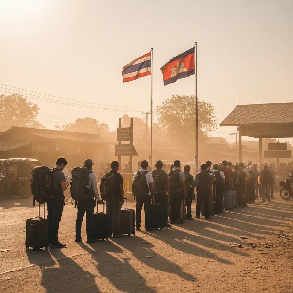 Eine staubige Grenzstation mit wartenden Reisenden, im Hintergrund thailändische und kambodschanische Flaggen, warme Sonnenstrahlen fallen durch die Luft