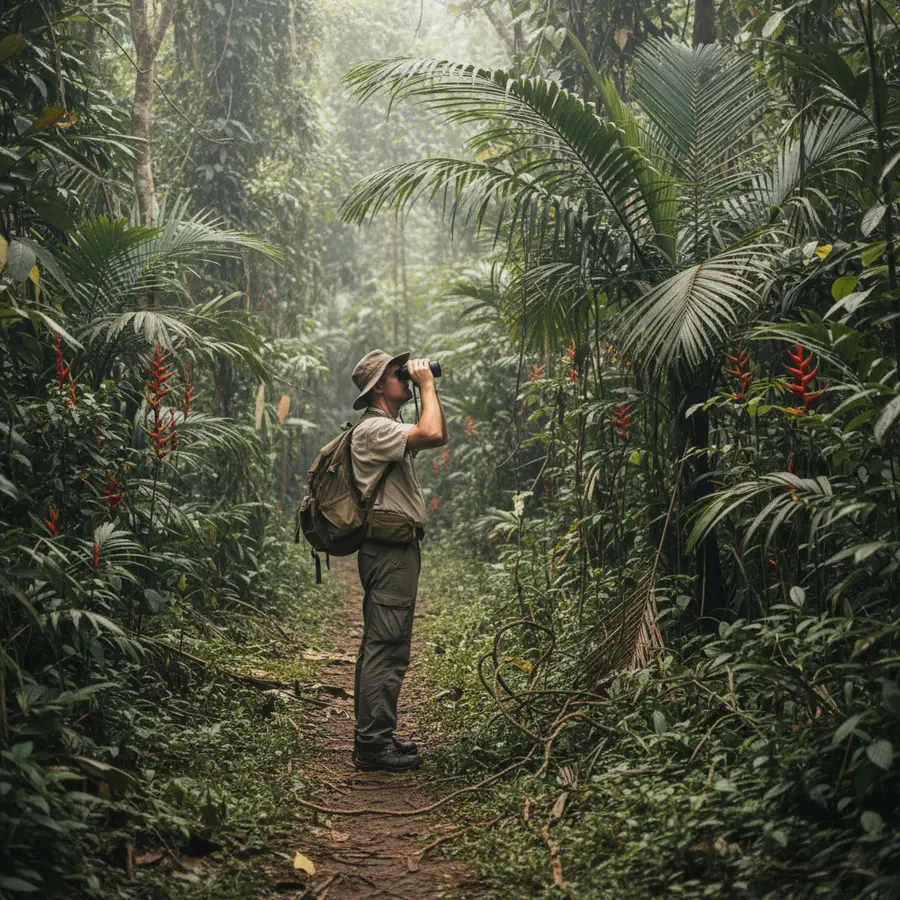 Reisender im Dschungel auf Suche nach Tieren in Thailands Tierwelt