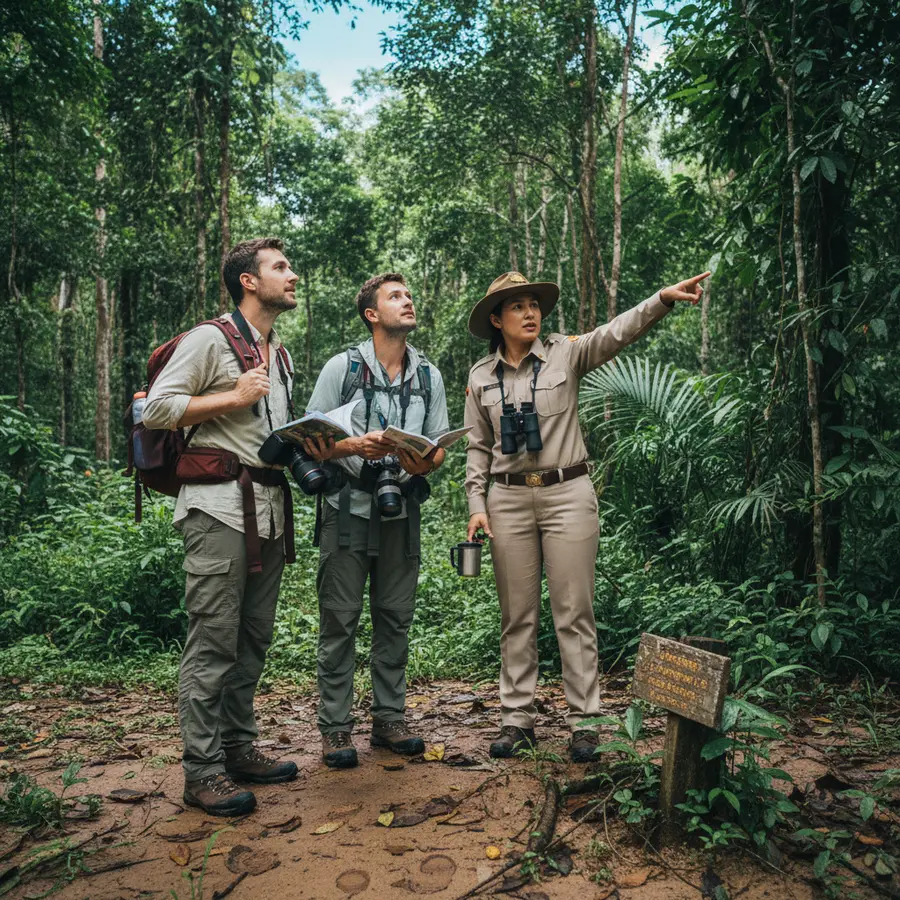 Reisende und Ranger erkunden die thailändische Tierwelt im Regenwald