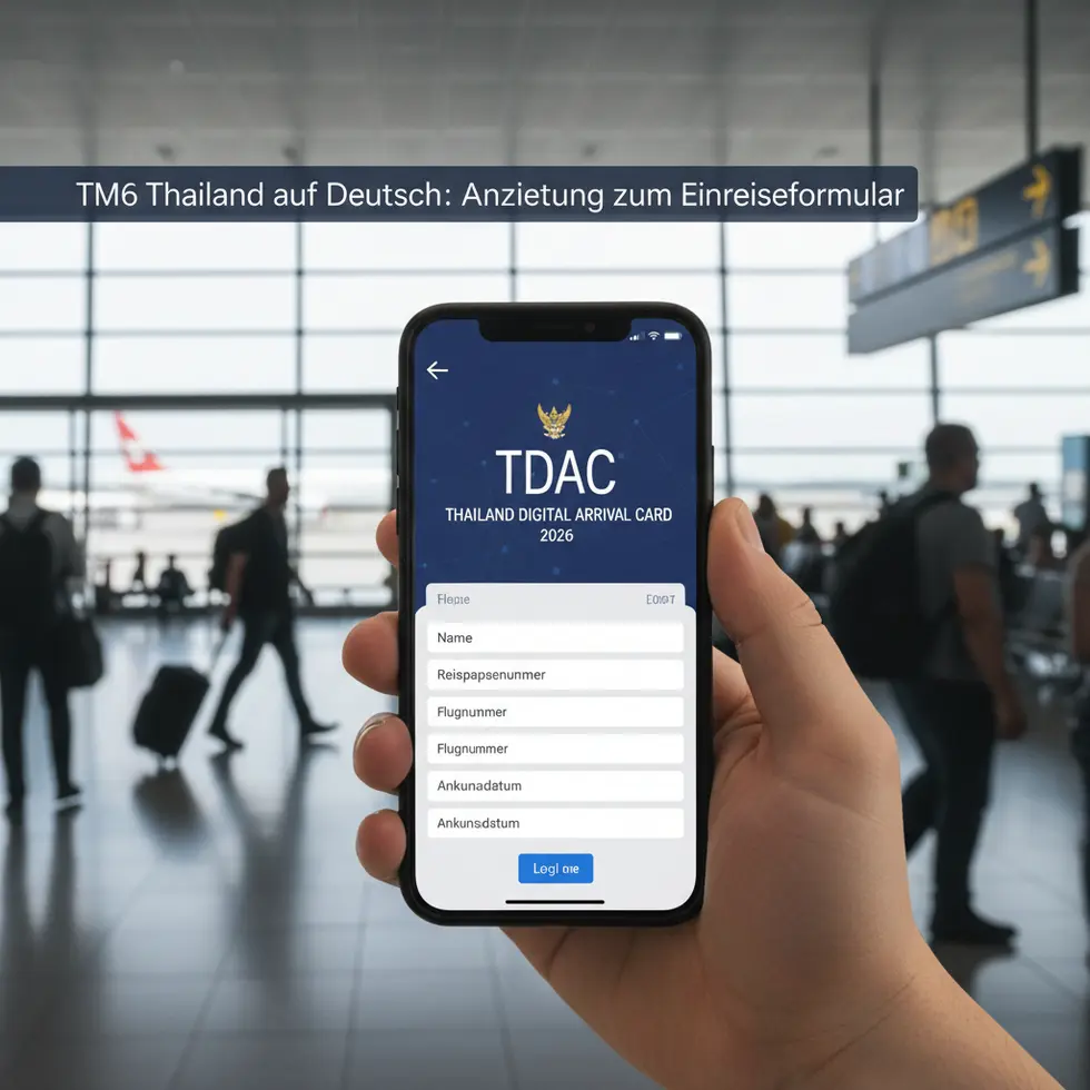 Nahaufnahme eines Smartphones, das auf dem Bildschirm das digitale TDAC-Formular anzeigt, in einer Flughafenumgebung